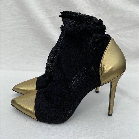 Stella Luna Black Lace & Gold Pointed Toe Booties, Size 38 (US 8), Ankle Boots - Picture 6 of 13